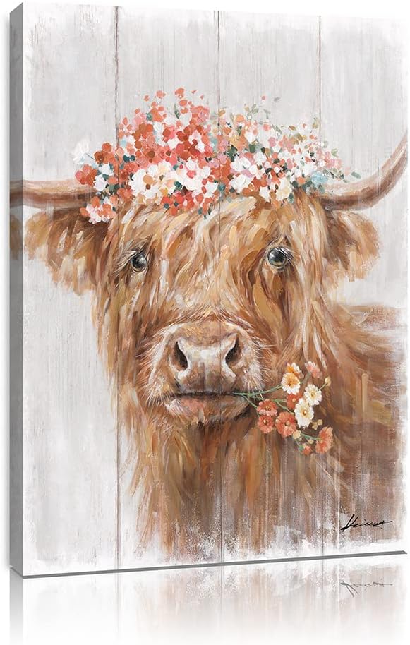 Highland Cow Canvas Farmhouse Decor: Funny Cow Wall Art with Flowers Staring at You Rustic Farm Wood Planks Unique Cattle Posters for Bathroom Framed Size 12"x15"