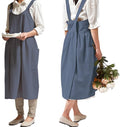 NEWGEM Cotton Linen Cross Back Apron for Women with Pockets Japanese Kitchen Cooking Aprons Blue Grey