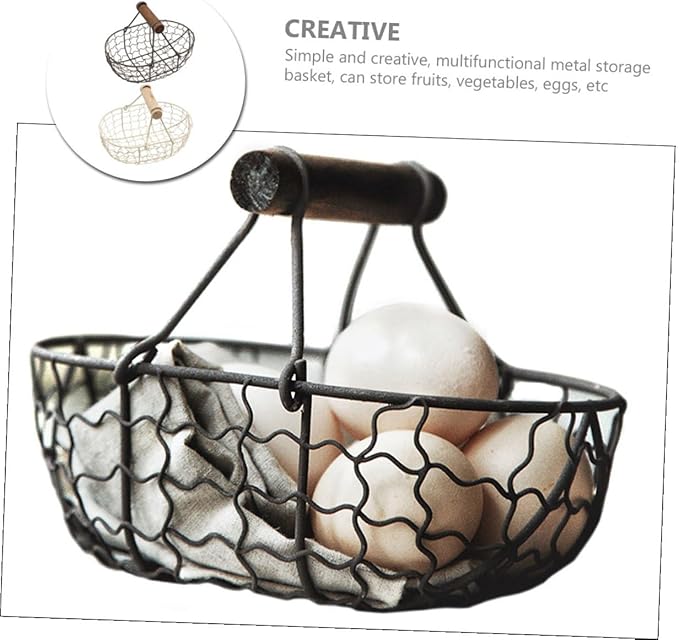 GALPADA 2pcs Retro Vintage Metal Fruit Basket with Wooden Handles, Kitchen Storage Organizer for Eggs, Bread, and Snacks, Farmhouse Style Food Container for Household Use