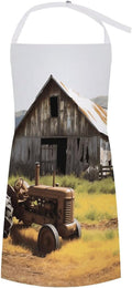 Old Wooden Barn with Rusted Tractor Apron with Pockets Water And Oil Resistant Kitchen Aprons Professional Adjustable Bib Apron for Women Men