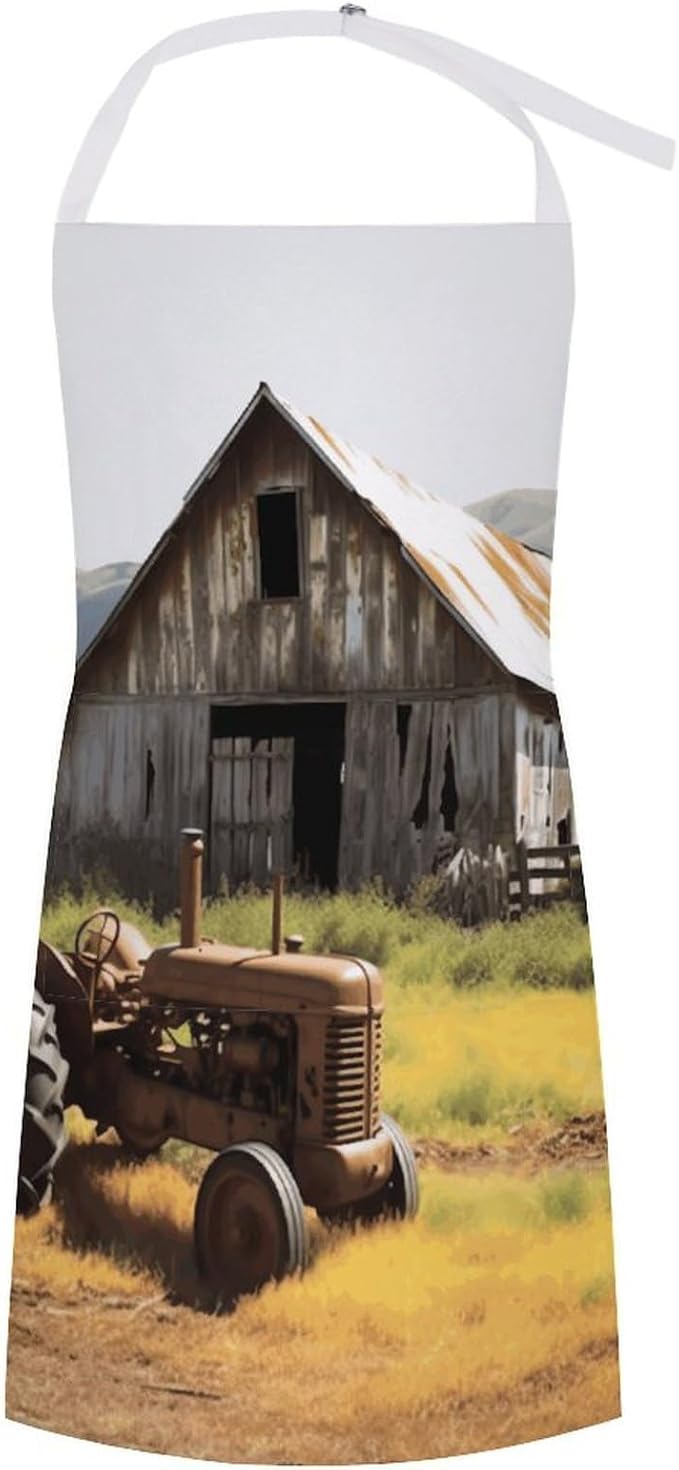 Old Wooden Barn with Rusted Tractor Apron with Pockets Water And Oil Resistant Kitchen Aprons Professional Adjustable Bib Apron for Women Men