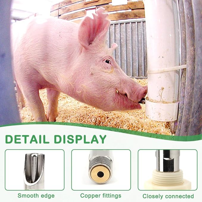 Pig Nipple Waterer for Barrel Kits, 3pcs Stainless Steel Automatic Pig Drinker Feeder Water Tank Connector with 1 Hole Opener & PTFE Tapes, Watering Systems Kit for Pig/Goats/Swine/Piglets/Drinking