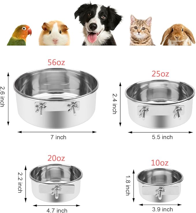 Wontee Pet Food Water Bowl with Clamp Holder Stainless Steel Feeding Cups Feeder for Dog Bird Parrot Cat Rabbit, 2 Packs (M)