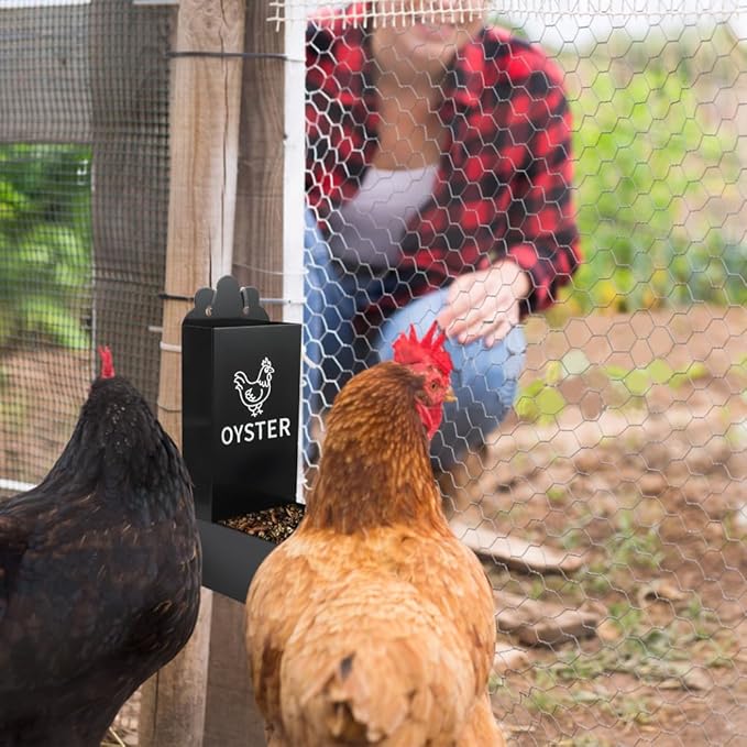 2 Pack Metal Chicken Feeder, Oyster Shell and Grit Feeder Hanging/Ground Chicken Coop Feeder with Durable Iron Construction for Hens & Chicks (Black & Red)