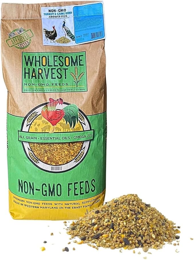 Non-GMO 40 lb Turkey Feed - Natural Peacock, Game Bird & Bird Feed, 24% High Protein Complete Food with Essential Oils, Herbs, Vitamins & Probiotics Formula for Healthy Flock Growth