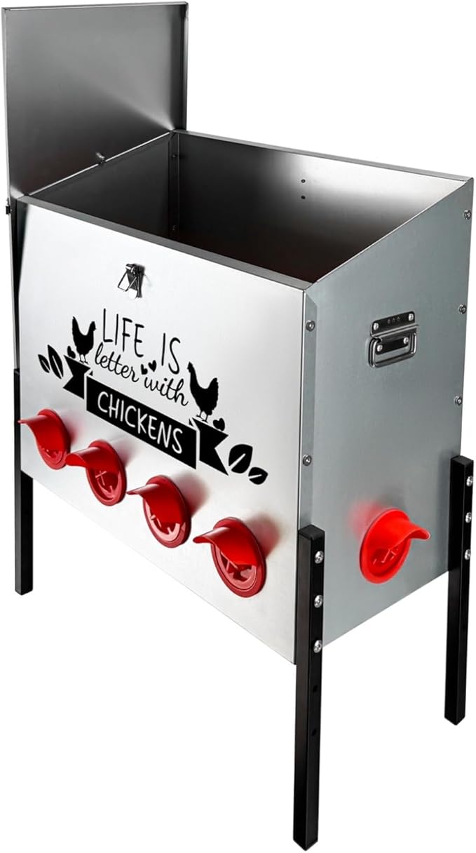 95LB Automatic Chicken Feeder with 10 Ports No Waste Galvanized Metal Poultry Feeder Outdoor Chicken Feeder Box with Adjustable Height Legs and Locking Lid for Chickens Ducks Geese Silver