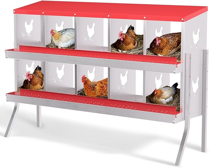 Metal Chicken Nesting Boxes, Heavy-Duty Galvanized Steel Egg Laying Box with 10 Compartments, Rustproof, Easy to Install & Clean, Wall-Mountable Design for Poultry Coops- Red with Stand