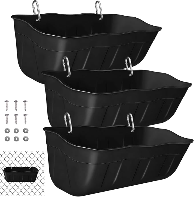 Chicken Feeder Waterer,Hanging Goat Feeders,Feed Trough 3.5 Quart 3 Pack,Hanging Fence Feed Trough for Poultry Livestock,Black