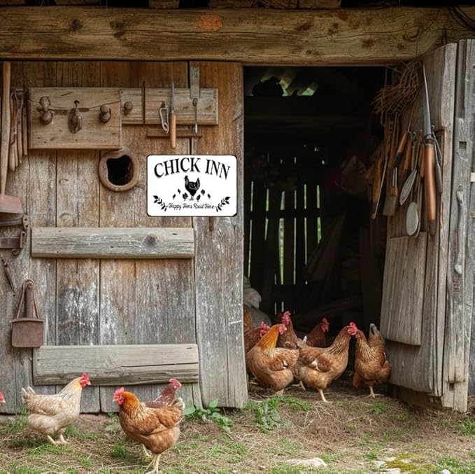 Funnysign Vintage Chicken Sign Chick Inn Happy Hens Roost Here Funny Tin Sign for Chicken Coop Farm Kitchen Garden Yard Decor 8x12 inches(3883)
