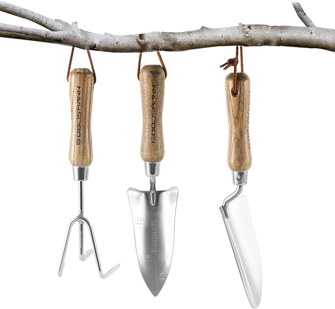 GOODSMANN Garden Tools Set, 3 Piece Stainless Steel Gardening Kit, Hand Trowel, Marker Measurements Transplanter and Cultivator Garden Hand Shovel for Digging Weeding Planting Turning Soil