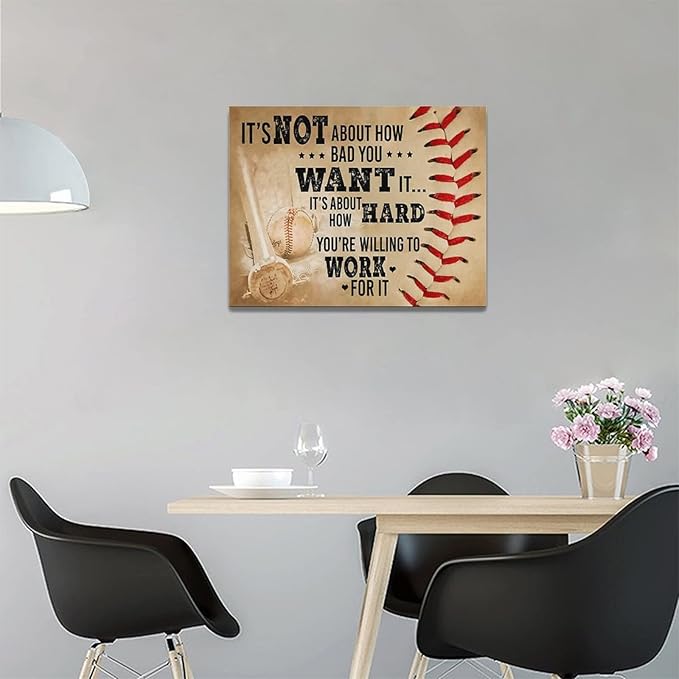 Baseball Wall Art Inspirational Sport Theme Wall Decor Motivational Quotes Pictures Canvas Prints Artwork Baseball Decor For Boys Room Playroom Bedroom Gym Framed 16"x12"