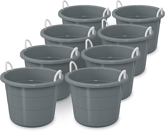 Life Story 8 Pack Open Storage Bucket, Round Plastic Container with Rope Handles, 17 Gallon, Gray