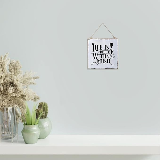 Distressed Look Wood Sign Life is Better with Music Rustic Farmhouse Wooden Sign with Quote Retro Wooden Art Plaque Vintage Wall Hanging Wall Decor for Porch Room House Home Decor Gift for Music Lover