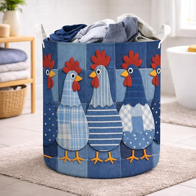 Denim Patchwork Chicken Laundry Basket, Farm Chicken Quilt Landscape Laundry Hamper, Country Farm Fabric Clothes Storage Bin, Rustic Farmhouse Room Organizer, Vintage Farm Animal Home Decor