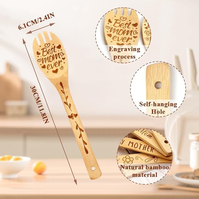 Mothers Day Gifts for Mom from Daughter Son Cooking Spoon,Engraved Bamboo Kitchen Cooking Utensils Set Gifts,Wooden Birthday Gifts for Mom Mother in Law Step Mama,I Love You Mom Gifts