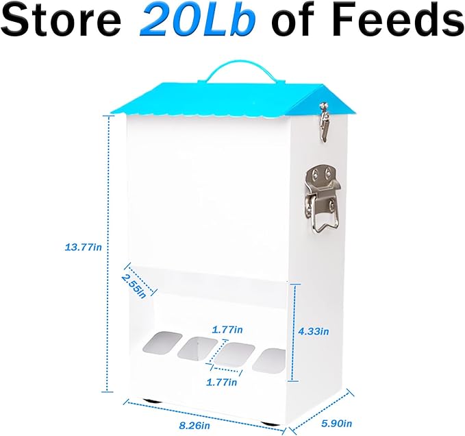 20LB Automatic Chicken Feeder with 8 Feeding Ports, No Waste Design, Height-Adjustable Legs & Secure Locking Lid for Chickens, Ducks & Poultry