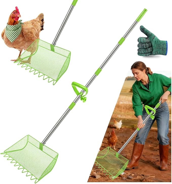 2-in-1 Chicken Coop Scooper: Extra Large 12” Poop Scooper & Rake with Adjustable Handle (37”-65”) | Heavy-Duty Metal Shovel for Quick Pet Waste, Rabbit, Guinea, Barn Cleaning | US Patent Pending,Green
