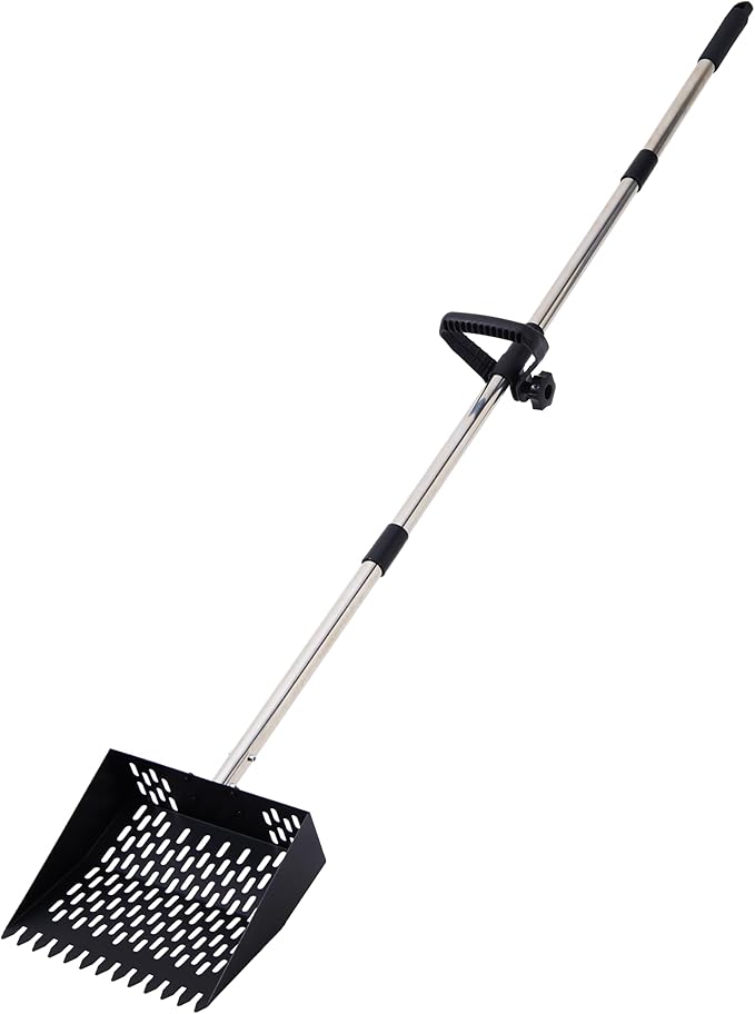 2-in-1 Chicken Poop Scooper & Rake –10” Wide Metal Sifting Shovel with Fine Mesh Slots, Chicken Pooper Scooper for Sand with Adjustable 39–67” Stainless Steel Handle, Animal Waste & Coop Cleaning Tool