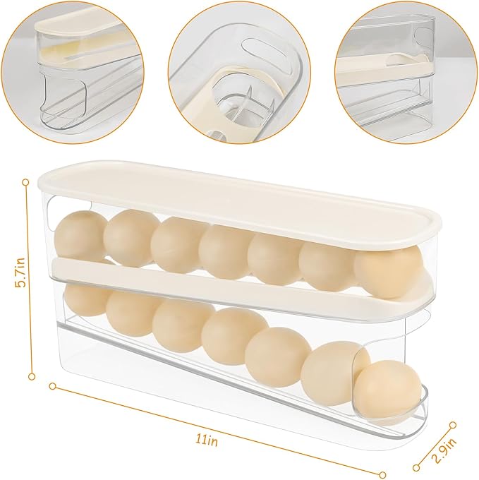 Automatic Roll Down Egg Dispenser for Refrigerator Organizer with Lid, 12-Count Double Layer Rolling Egg Holder for Fridge Storage (1PCS)