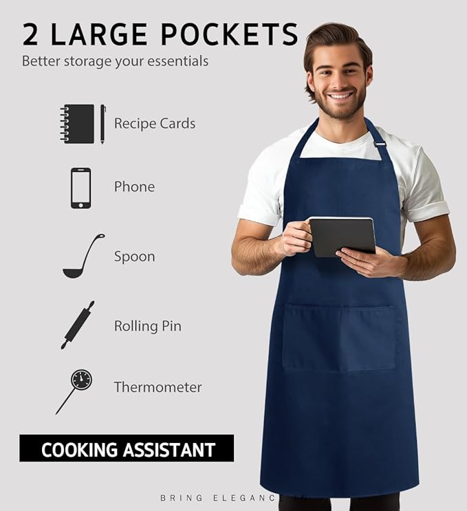 Syntus Adjustable Bib Apron with 2 Pockets Cooking Kitchen Aprons for Women Men Chef