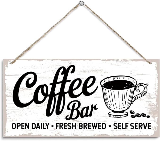 Coffee Bar Decor Sign, Fresh Brewed Coffee Bar Open Daily Self Serve, Hanging Decors for Kitchen Wall, Vintage Kitchen Decor, Cafe Decoration with Rope Hanging 12 x 6 Inches