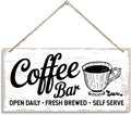 Coffee Bar Decor Sign, Fresh Brewed Coffee Bar Open Daily Self Serve, Hanging Decors for Kitchen Wall, Vintage Kitchen Decor, Cafe Decoration with Rope Hanging 12 x 6 Inches