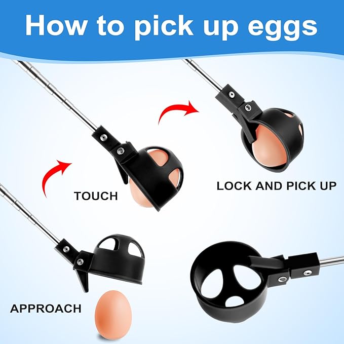 Lounsweer Egg Grabber for Chicken Eggs,15.7-76inch Extendable Stainless Steel Egg Picker Tool with (1pcs Extended Handle&1pair Non-Slip Gloves) for Picking from Coop Poultry Nest Farm Use (Blue)