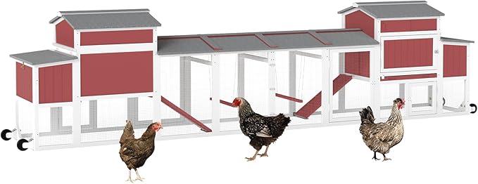 Chicken Coop Mobile Wooden Hen House with Nesting Box,166.4" L Outdoor Chicken House with 4 Wheels and Removable Tray,Fir Wood Chicken Tractor with 12 Ventilation Doors and 2 Ramps,Red