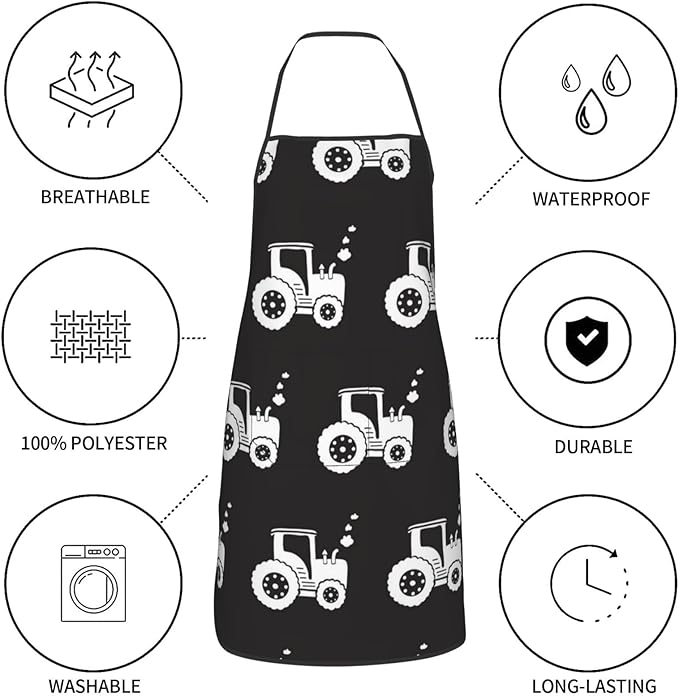 Apron for Women And Men, Waterproof Adjustable with Pocket Washable Cooking Apron, Chef Grilling BBQ Baking Crafting, Personalized Tractors White Black