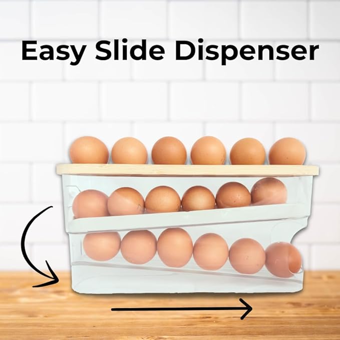 18 Egg Dispenser for Refrigerator – Durable Organizer with Wooden Lid, Space-Saving Egg Storage Bin for Freshness, Kitchen Organization, Easy Access & Stylish Design