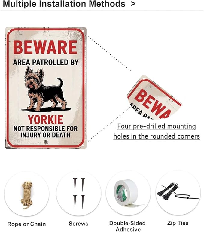 Beware of Dog Sign for Fence- Warning Dog Metal Signs- Yorkie Funny Warning Tin Signs 8x12 Inch