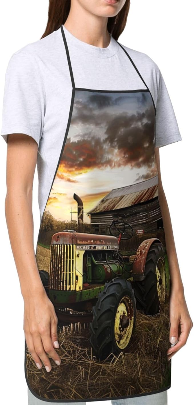 Old Tractor Photo Farm Printed Adjustable Chef Apron with Pockets - Unisex Cooking Apron for Kitchen Grill Painting & Restaurant Use