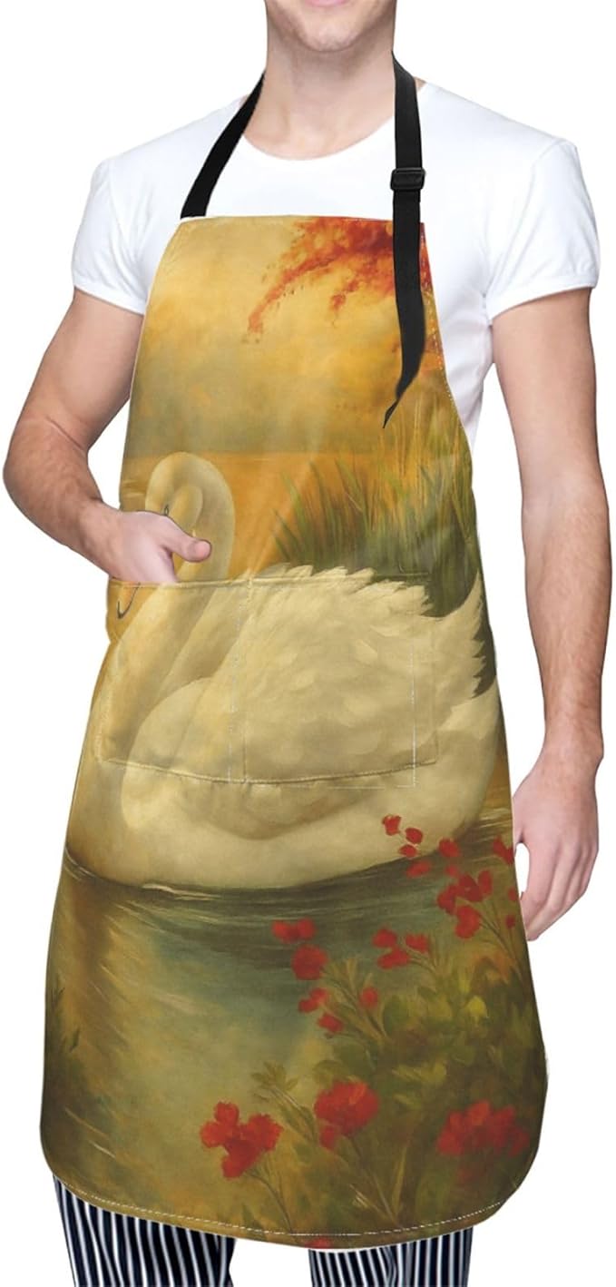 Serene Swan In Stream Adjustable Waterproof Apron Work Cooking Apron With Pockets For Men Women