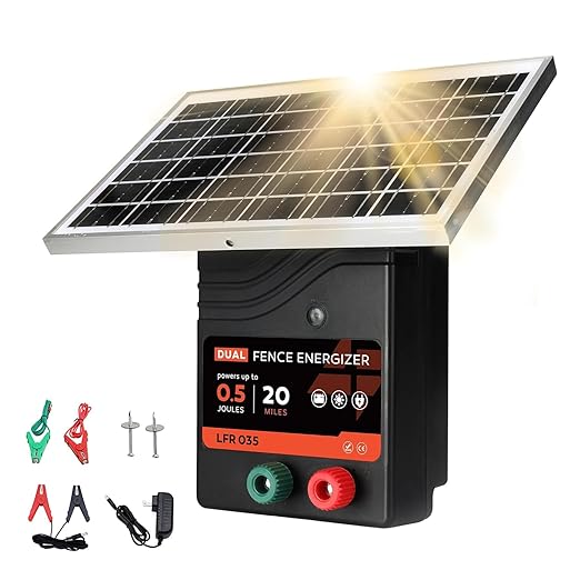 20 Miles Solar Electric Fence Charger, 0.5 Joule Portable Solar Fence Charger, Solar Electric Fence Kit, with 10W Solar Panel