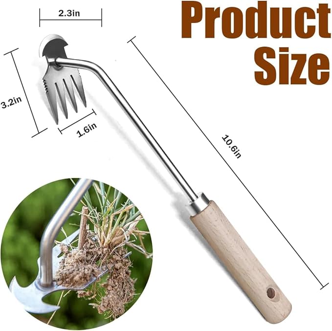 Manual Weed Puller Tool, 4-Claw Steel Head, Wooden Handle, Hand Garden Weeder
