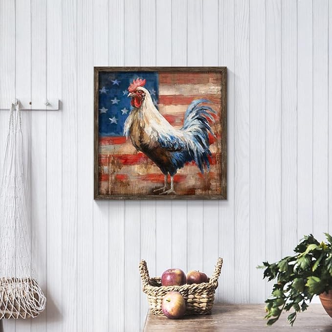 Rooster Wooden Wall Art Decor: Farm Animal Picture Country Cock Flag Framed Artwork Farmhouse Chicken Painting is the Perfect Combination of Energy Nature for the Kitchen Country House Bedroom 16"x16"