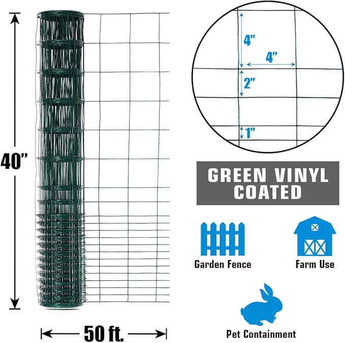 Fencer Wire 16 Gauge Green Vinyl Coated Rabbit Guard Fence, Poultry Fencing Wire Roll for Garden Yard Vegetable Plant, Protecting Against Rabbits, and Other Small Animals Damage (40 in. x 50 ft.)