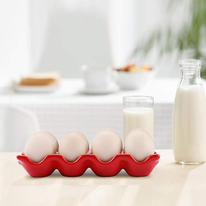Flexzion Ceramic Egg Holder for Fridge - 12 Cups Egg Tray Whole Dozen Porcelain Container Keeper Storage Organizer Decorative Serving Stand Serveware for Countertop Display Kitchen (Red)