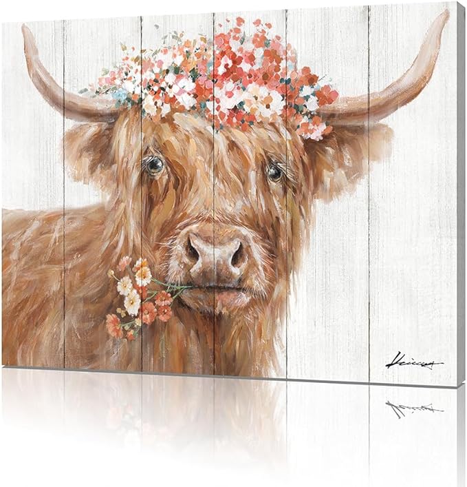 Yidepot Highland Cow Decor for Farmhouse: Retro Scottish Calf pictures hold Flowers Inspirational Quote Canvas Wall Art for boy's bedroom Kitchen Framed Ready to Hang Size 32"x24"