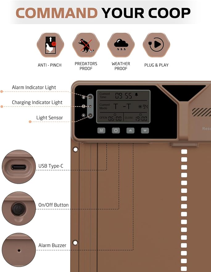 Upgraded Large Automatic Chicken Coop Door - Solar,Battery Powered Chicken Door Opener | Timer,Light Sensor,Remote,Manual Control | Anti-Pinch, Predator Proof All-Weather Resistance Coop Door