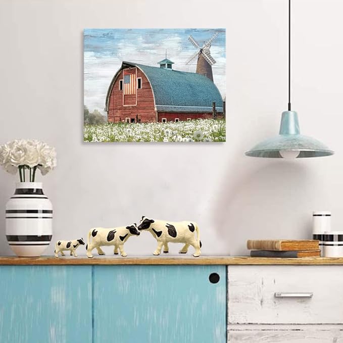 Woxfcart Rustic Red Barn Canvas Wall Art, Farmhouse Artwork with American Flag and Windmill Pictures for Bathroom Bedroom Wall Decoration, 15 x 12 Inch