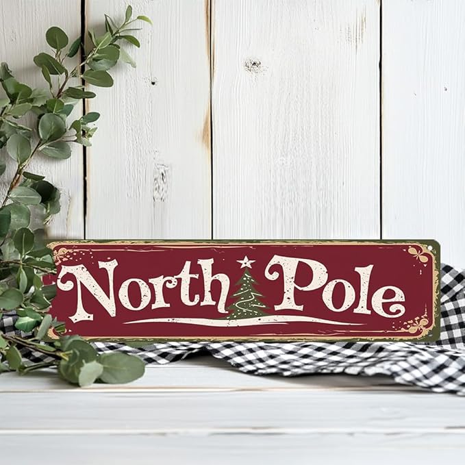 Rustic North Pole Metal Sign, 16x4 Inch - Christmas Tree Art Decorative Sign for Bathroom, Bedroom, Cafe, Bar, Balcony, Distressed Finish Plaque Wall Art Decor, Christmas Room Decor