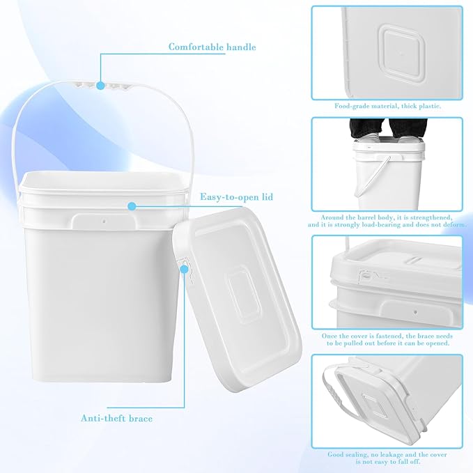 Hushee 12 Pack 4 Gallon Square Bucket White Food Grade Bucket with Handles and Lid Square Plastic Heavy Duty Container Storage Food Storage Pail for Packaging Sealing Dry Camping Fishing