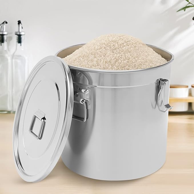 Stainless Steel Storage Bucket, 33L Rice Cereal Grain Canisters Coffee Storage Container Metal Food Storage Containers Sugar Milk Storage Bucket with Lid Handle for Hotels Restaurants Kitchens (33L)