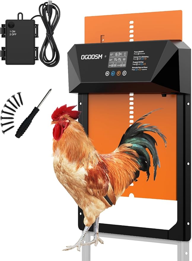 Automatic Chicken Coop Door, Aluminum Automatic Chicken Door with Anti-Pinch Feature, Timer and LCD Display (New-Orange)