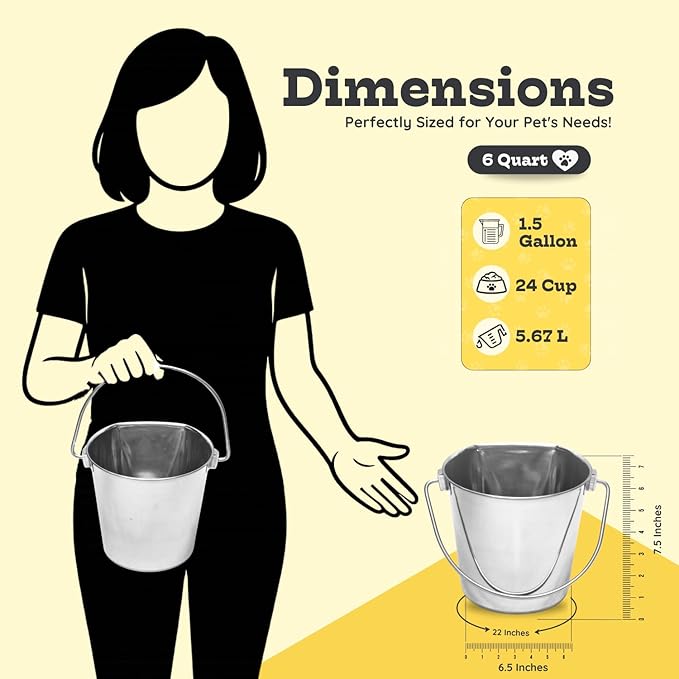 Flat Side Stainless Steel Bucket 6 Quart Hanging Feeding Utility Pail for XL Dog Goat Sheep Livestock, Fits Kennel Cage Crate Farm, Heavy Duty Food & Water Feeder, 1.5 Gallon Silver 2Pack