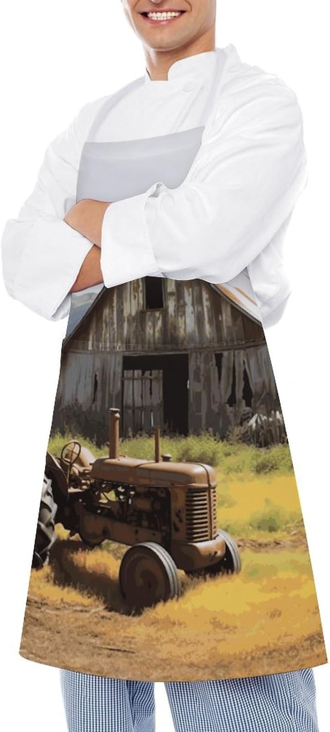Old Wooden Barn with Rusted Tractor Cooking Aprons for Women Men Waterproof Bib Apron with Pockets Adjustable Kitchen Chef Apron
