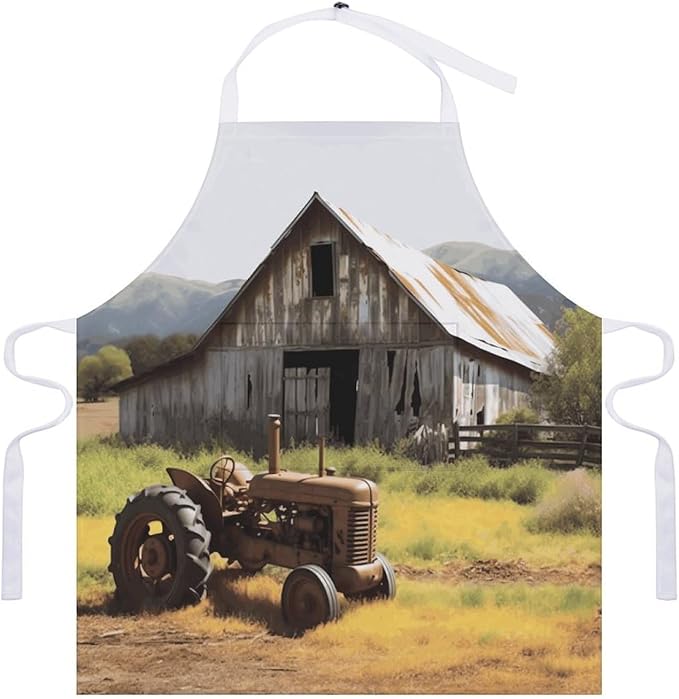 Old Wooden Barn with Rusted Tractor Apron with Pockets Water And Oil Resistant Kitchen Aprons Professional Adjustable Bib Apron for Women Men