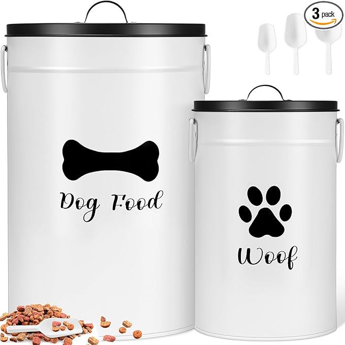 Extra Large 30+14 lbs Metal Dog Food Storage Containers Set of 2 Airtight Dog Treat Snack Jars with Lids and Spoon Farm House Style Big Pet Cookie Storage Bin for Kitchen Counter Gift