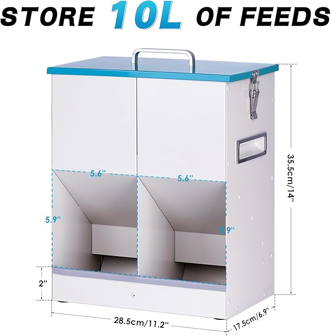 10L Chicken Grit and Oyster Shell Feeder Combo with Lid Hanging Duck Feeder Automatic Metal Gravity Chicken Feeder Poultry Coop Accessories for Goose Hens Eggs (Blue)